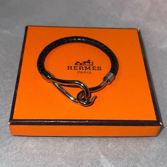 Hermès AUTHENTIC Silver & Black Leather Jumbo Hook Braided Tour Bracelet. - Picture 6 of 16